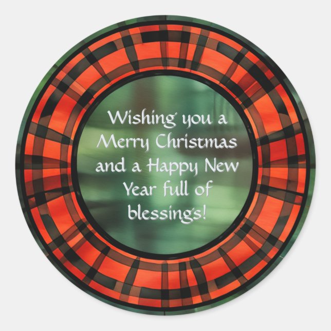 Christmas Plaid Wreath Classic Round Sticker (Front)