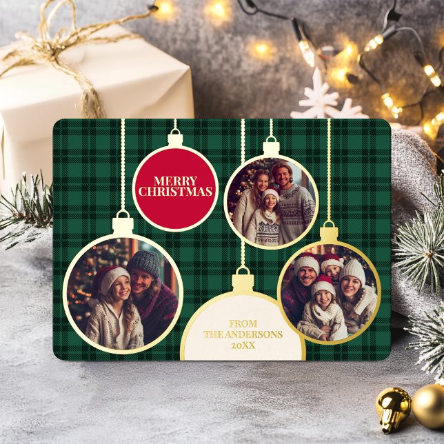 Christmas Plaids Family Photo Foil Green Foil Holiday Card (Christmas Plaids Family Photo Foil Green Foil Holiday Card)