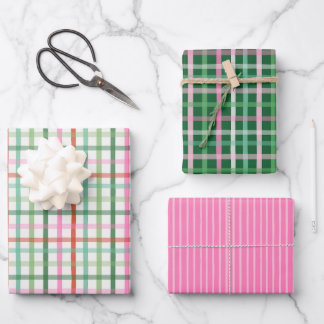 Christmas Plaids - Green & Pink White Wrapping Paper Sheet