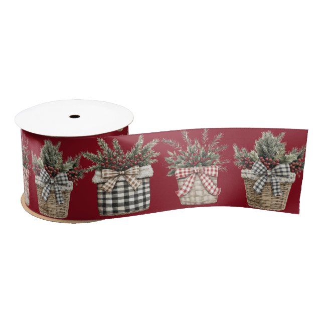 Christmas Plants in Buffalo Plaid Containers Satin Ribbon (Spool)