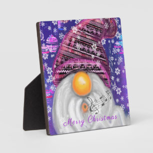 Christmas Plaque Happy Gnome In Purple Hat Singing