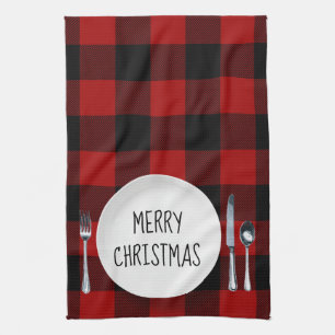 Christmas Plate On Buffalo Plaid Kitchen Towel