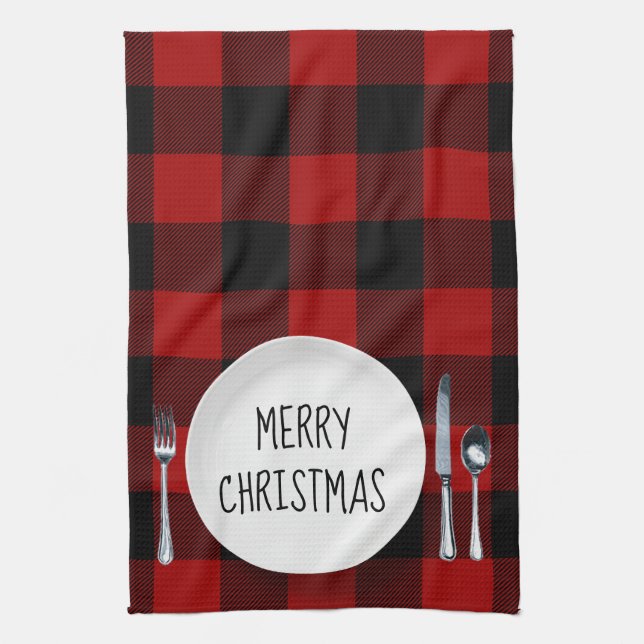 Christmas Plate On Buffalo Plaid Kitchen Towel (Vertical)