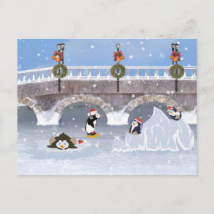 Christmas, Playful Penguins on Frozen Lake Holiday Postcard