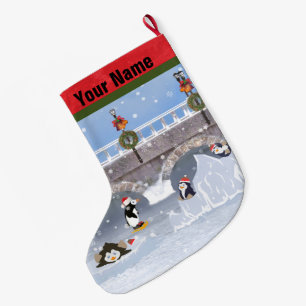 Christmas, Playful Penguins on Frozen Lake Large Christmas Stocking
