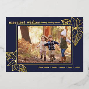 Christmas Poinsettia   1 Photo Navy Blue and Gold Foil Holiday Card