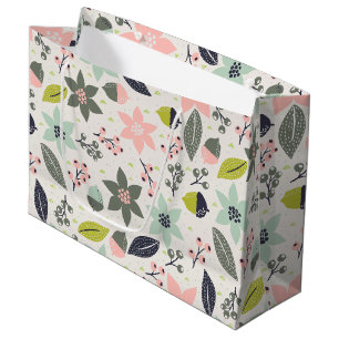 Christmas Poinsettia Acorns Grey Aqua Lime Green Large Gift Bag