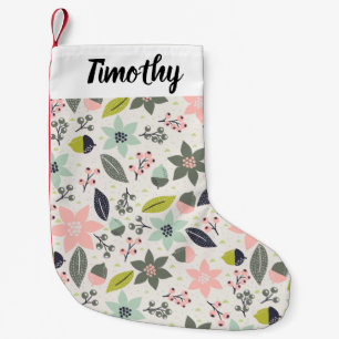 Christmas Poinsettia Acorns Grey Aqua Lime Green Small Christmas Stocking