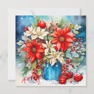 Christmas Poinsettia and Berries Bouquet Holiday Card