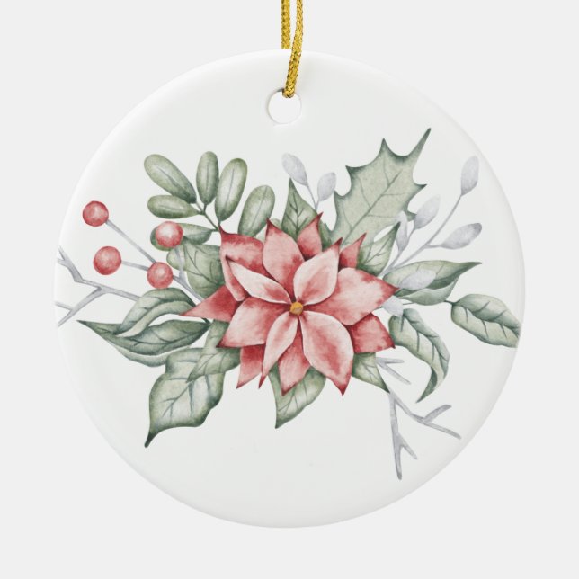 Christmas Poinsettia And Berries  Ceramic Ornament (Front)