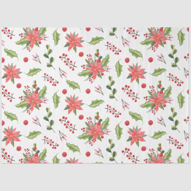Christmas poinsettia and berries festive pattern tissue paper (Front)