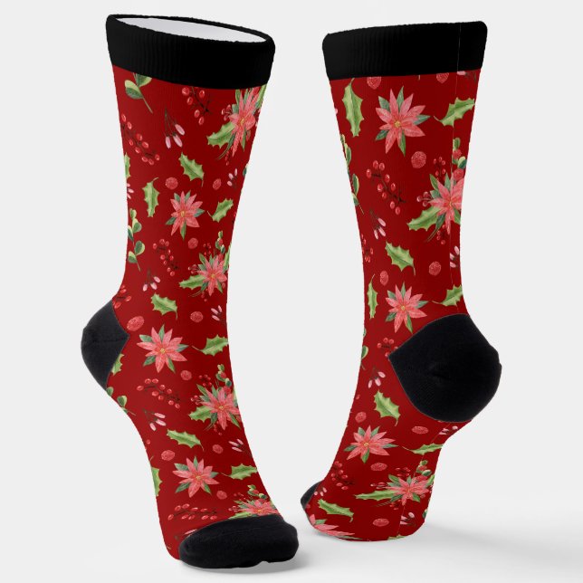 Christmas poinsettia and holly pattern socks (Angled)