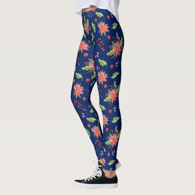 Christmas poinsettia and winter foliage pattern leggings (Left)