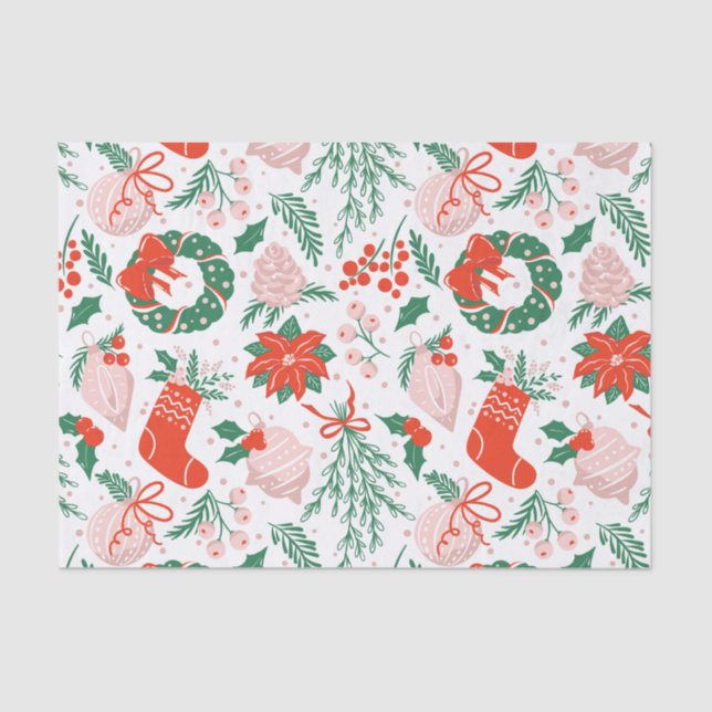 Christmas Poinsettia, Berries and Ornaments  Tissue Paper (Front)