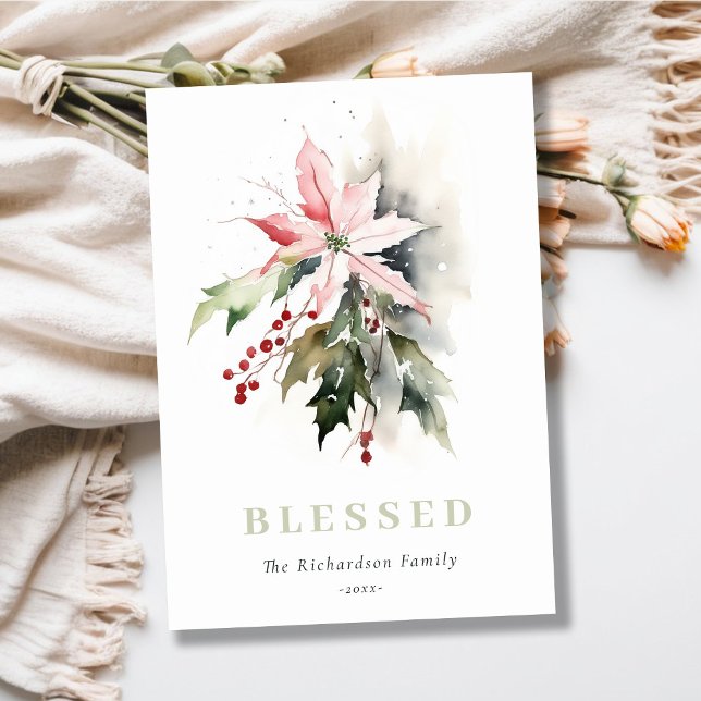 Christmas Poinsettia Berries Foliage Blessed Holiday Card (Creator Uploaded)