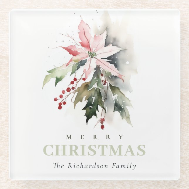 Christmas Poinsettia Berries Foliage Watercolor Glass Coaster (Front)