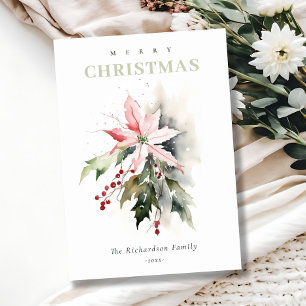 Christmas Poinsettia Berries Foliage Watercolor Holiday Card