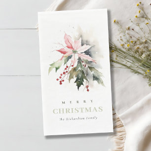 Christmas Poinsettia Berries Foliage Watercolor Napkin