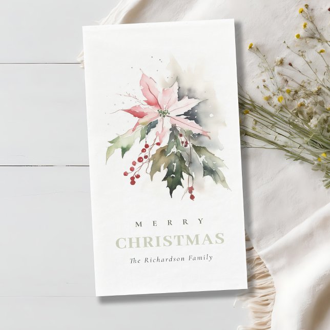 Christmas Poinsettia Berries Foliage Watercolor Napkin (Creator Uploaded)