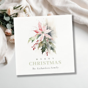Christmas Poinsettia Berries Foliage Watercolor Napkin