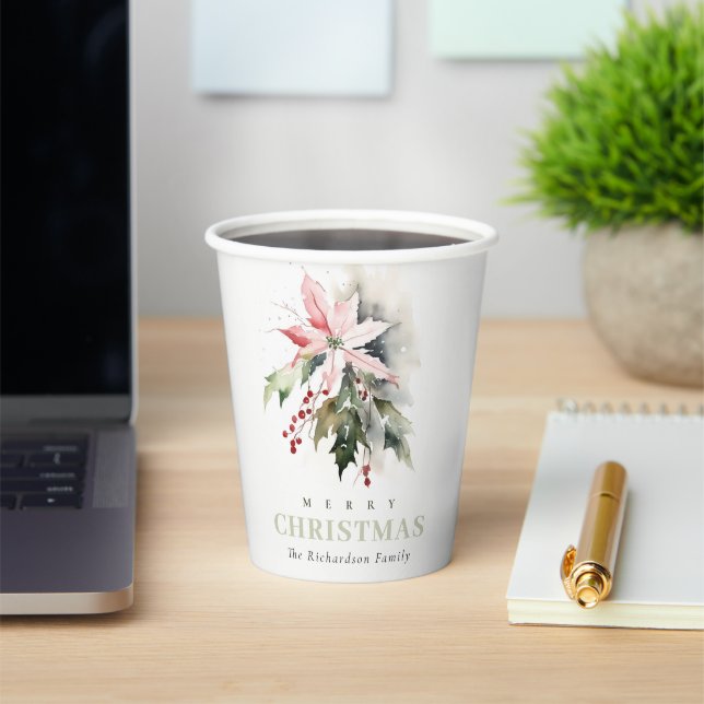 Christmas Poinsettia Berries Foliage Watercolor Paper Cups (Insitu)
