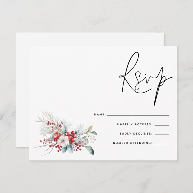 Christmas Poinsettia Berries Script Wedding RSVP (Front/Back)