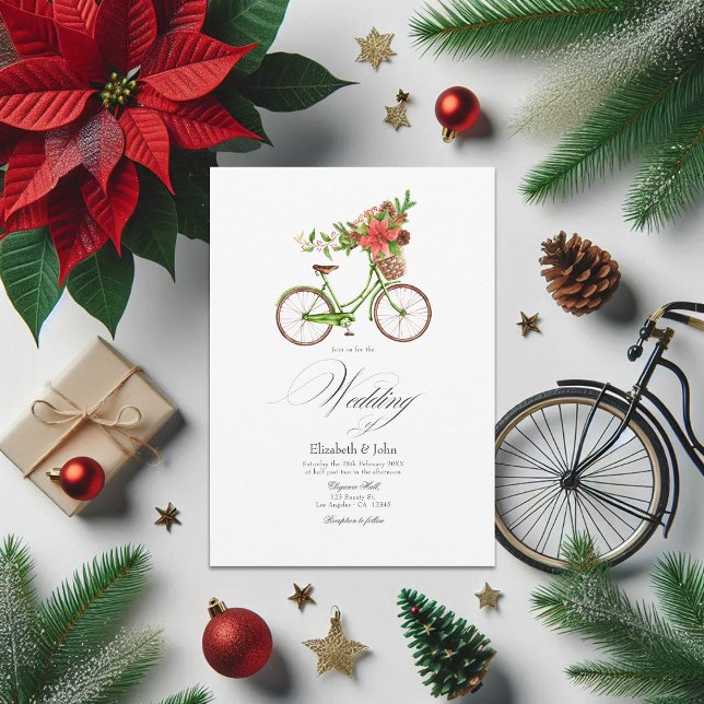 Christmas Poinsettia Bicycle Winter Wedding Charm Invitation (Christmas Poinsettia Bicycle Winter Wedding Charm Invitation)