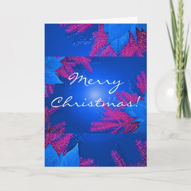 Christmas Poinsettia Blue And Pink In English Holiday Card (Front)