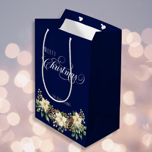 Christmas Poinsettia blue Medium Gift Bag