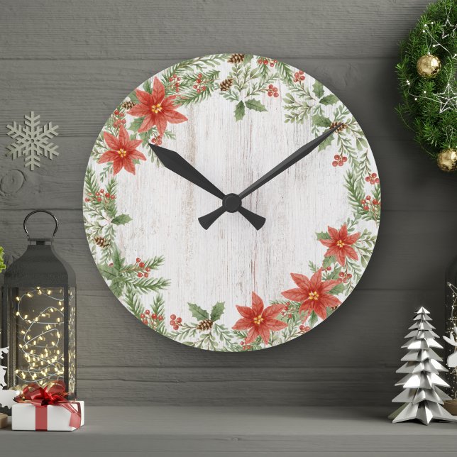 Christmas Poinsettia Botanical Foliage  Round Clock (Creator Uploaded)
