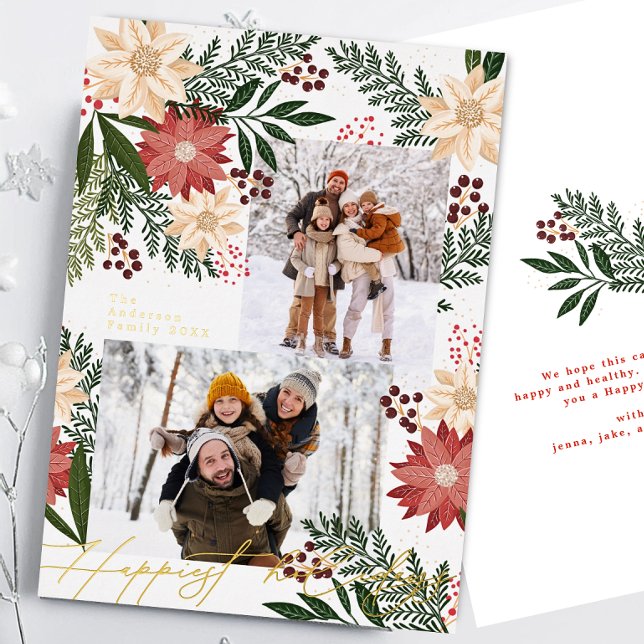 Christmas Poinsettia Botanicals Photo Collage Foil Holiday Card (Creator Uploaded)