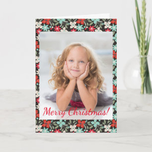 Christmas Poinsettia Bright Red White Aqua Photo Note Card