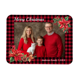 Christmas Poinsettia Buffalo Plaid Family Photo Magnet