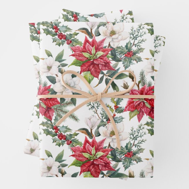 Christmas Poinsettia, Camellia Flowers & Berries   Wrapping Paper Sheet (In situ)