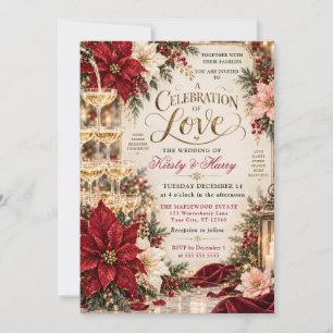 Christmas Poinsettia Champagne Wedding Invitation
