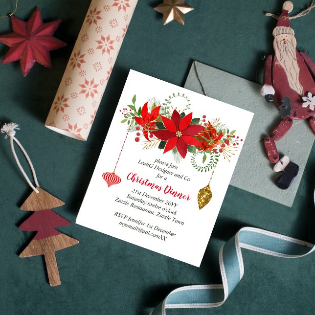 Christmas Poinsettia Dinner Invites Red Gold Chic (Creator Uploaded)