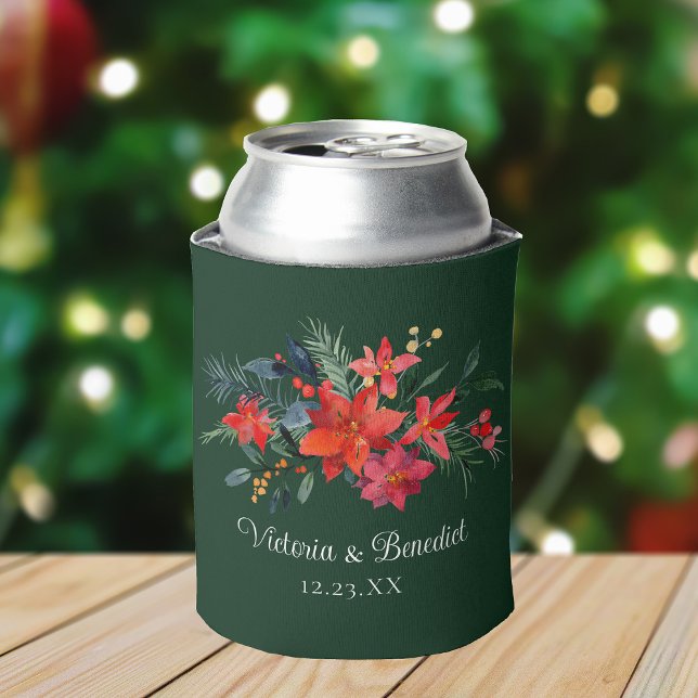 Christmas Poinsettia Elegant Floral Green Wedding Can Cooler (Creator Uploaded)
