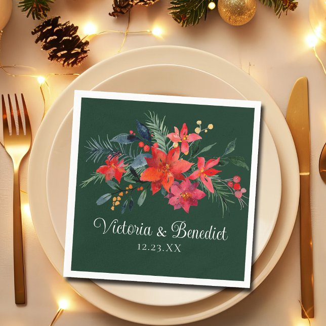 Christmas Poinsettia Elegant Floral Green Wedding Napkin (Creator Uploaded)