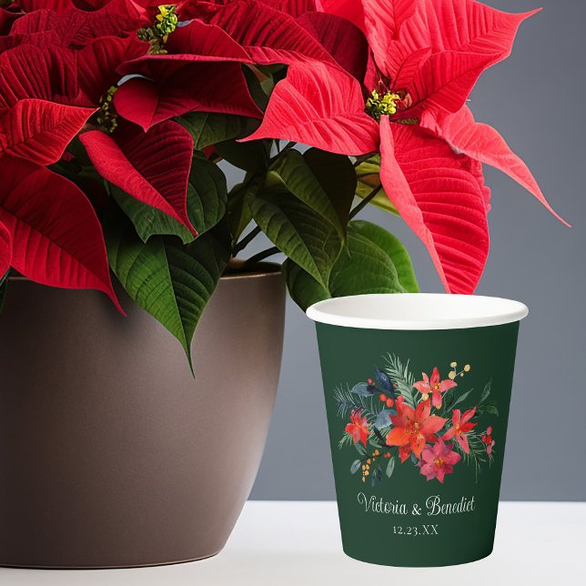 Christmas Poinsettia Elegant Floral Green Wedding Paper Cups (Creator Uploaded)