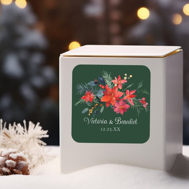 Christmas Poinsettia Elegant Floral Green Wedding Square Sticker (Creator Uploaded)