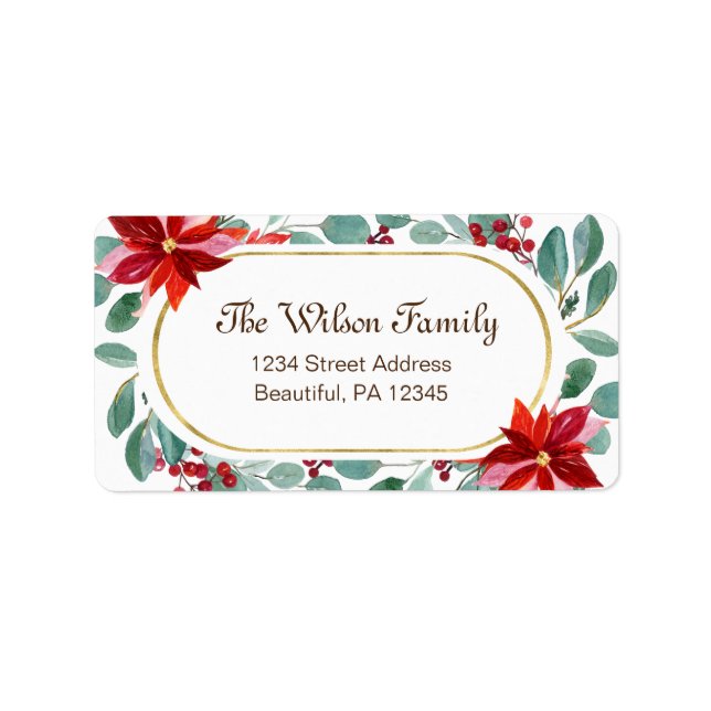 Christmas Poinsettia Eucalyptus Elegant Gold Frame Label (Front)