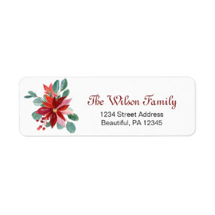 Christmas Poinsettia Eucalyptus Simple Watercolor Return Address Label