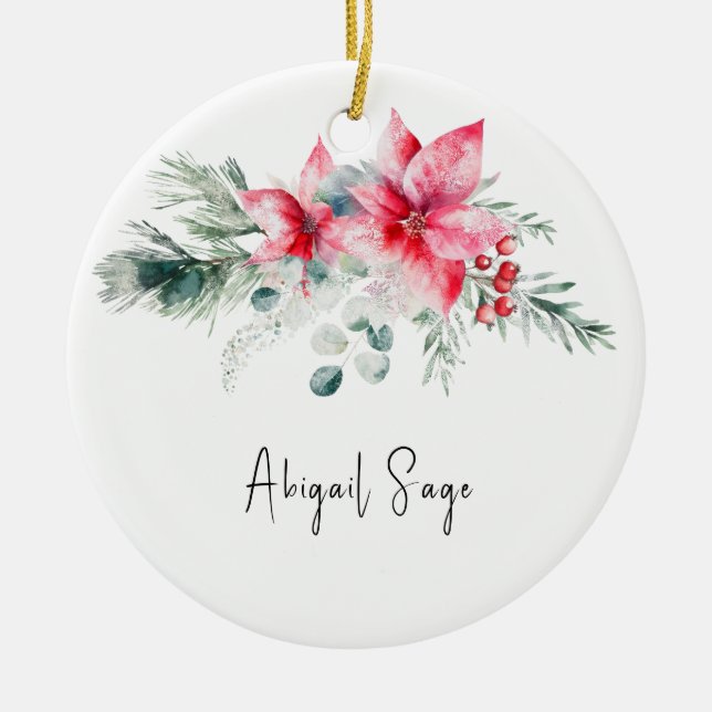 Christmas Poinsettia Evergreen Floral Bible Verse Ceramic Ornament (Front)