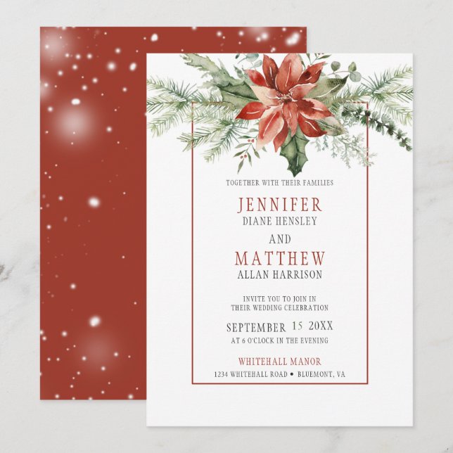 Christmas Poinsettia Evergreens Garland Wedding | Invitation (Front/Back)