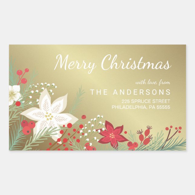 Christmas Poinsettia Faux Gold Foil Return Address Rectangular Sticker (Front)