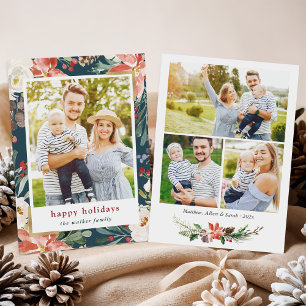 Christmas Poinsettia Floral 4 Photos Collage Holiday Card