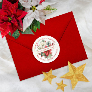 Christmas Poinsettia Floral Bouquet Return Address Classic Round Sticker