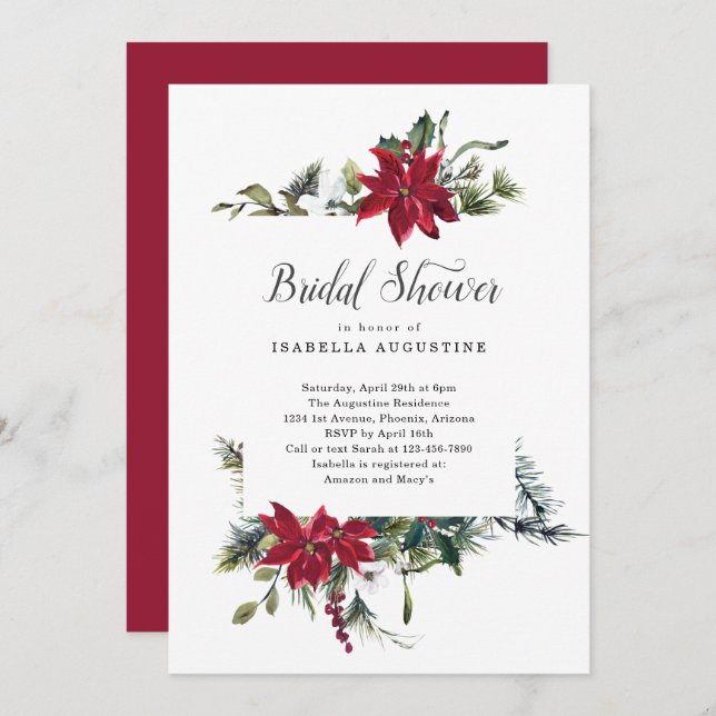 Christmas Poinsettia Floral Bridal Shower Invitation (Front/Back)