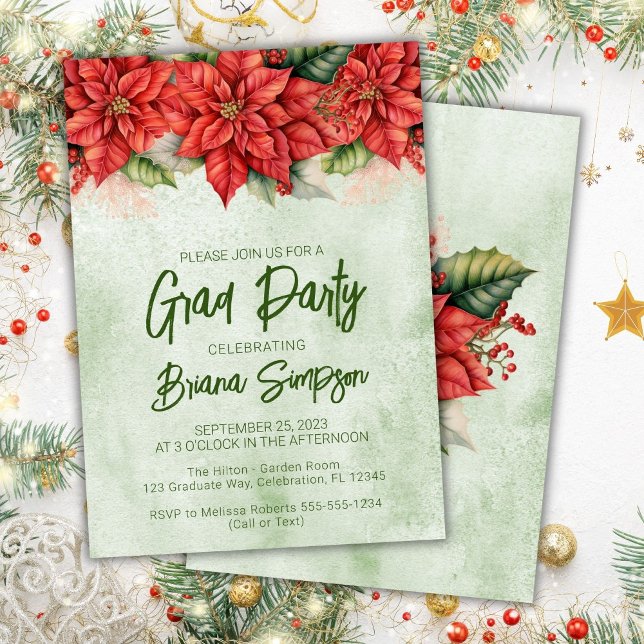Christmas Poinsettia Floral Graduation Grad Party Invitation (Creator Uploaded)