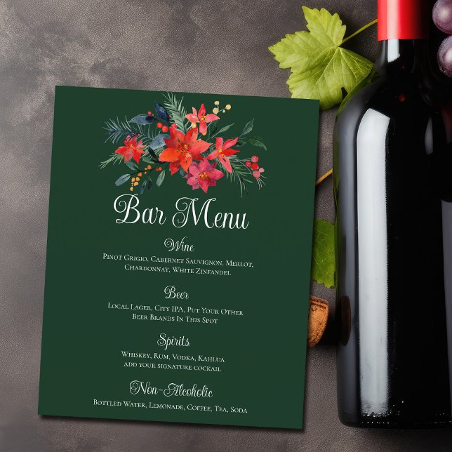 Christmas Poinsettia Floral Green Wedding Bar Menu (Creator Uploaded)